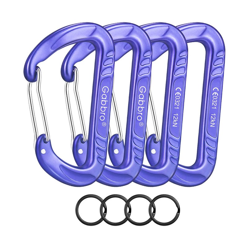 Gabbro Carabiner Clips Heavy Duty 12kN (2697 lbs), | 3.2 Inch, Aluminum, Wiregate Snap, Lightweight, 4 Pack | for Hammock, Hiking, Camping, Water Bottle, Dog Leash Harness, Keychains - Purple - Image 1
